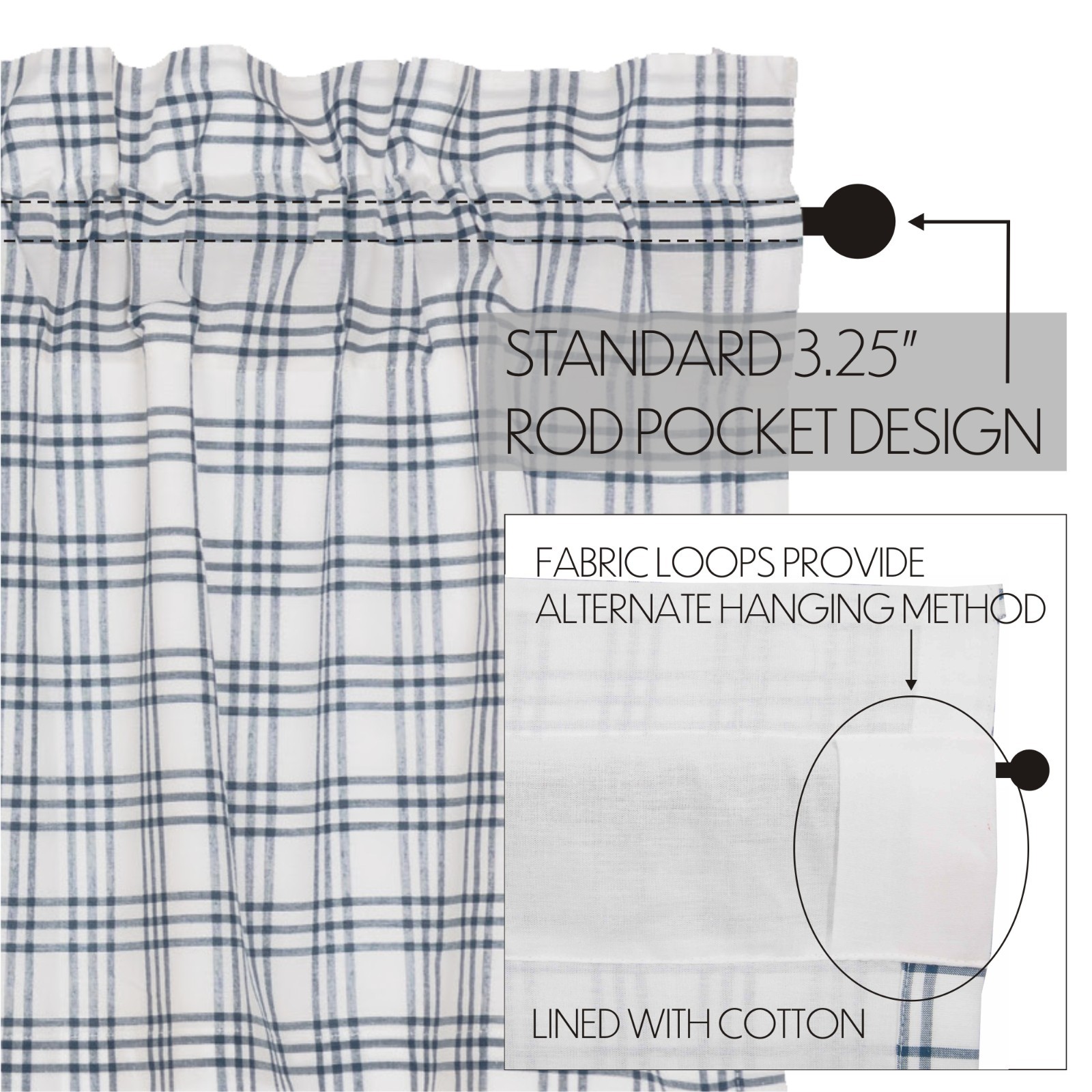 Sawyer Mill Denim Blue White Plaid Lined Country Gathered Long Prairie Curtains