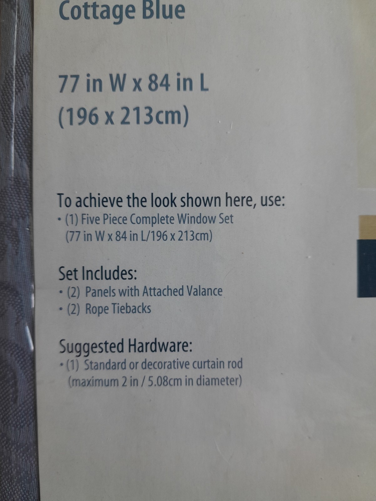 Mainstays Home 5 Piece Complete Window Set Cottage Blue Victoria 77”w x 84”L New