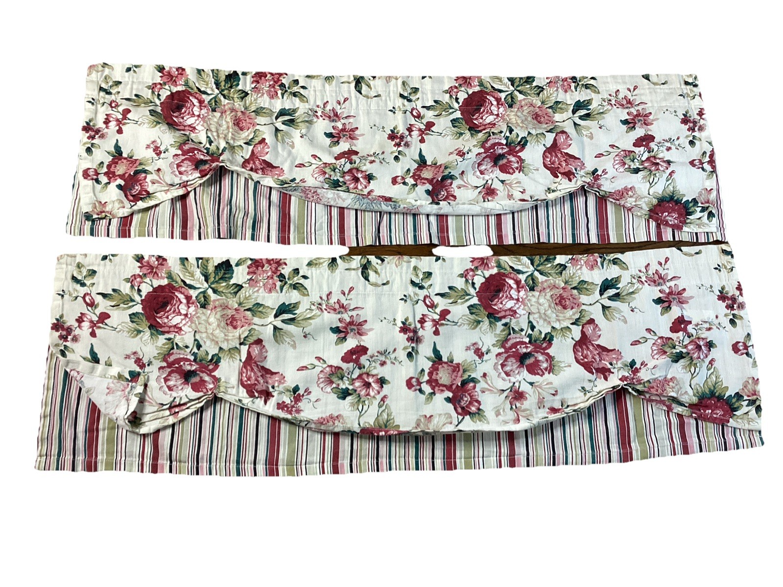 Vintage Window (2) Valences Floral Striped Pink Green Country Cabbage Rose 54”