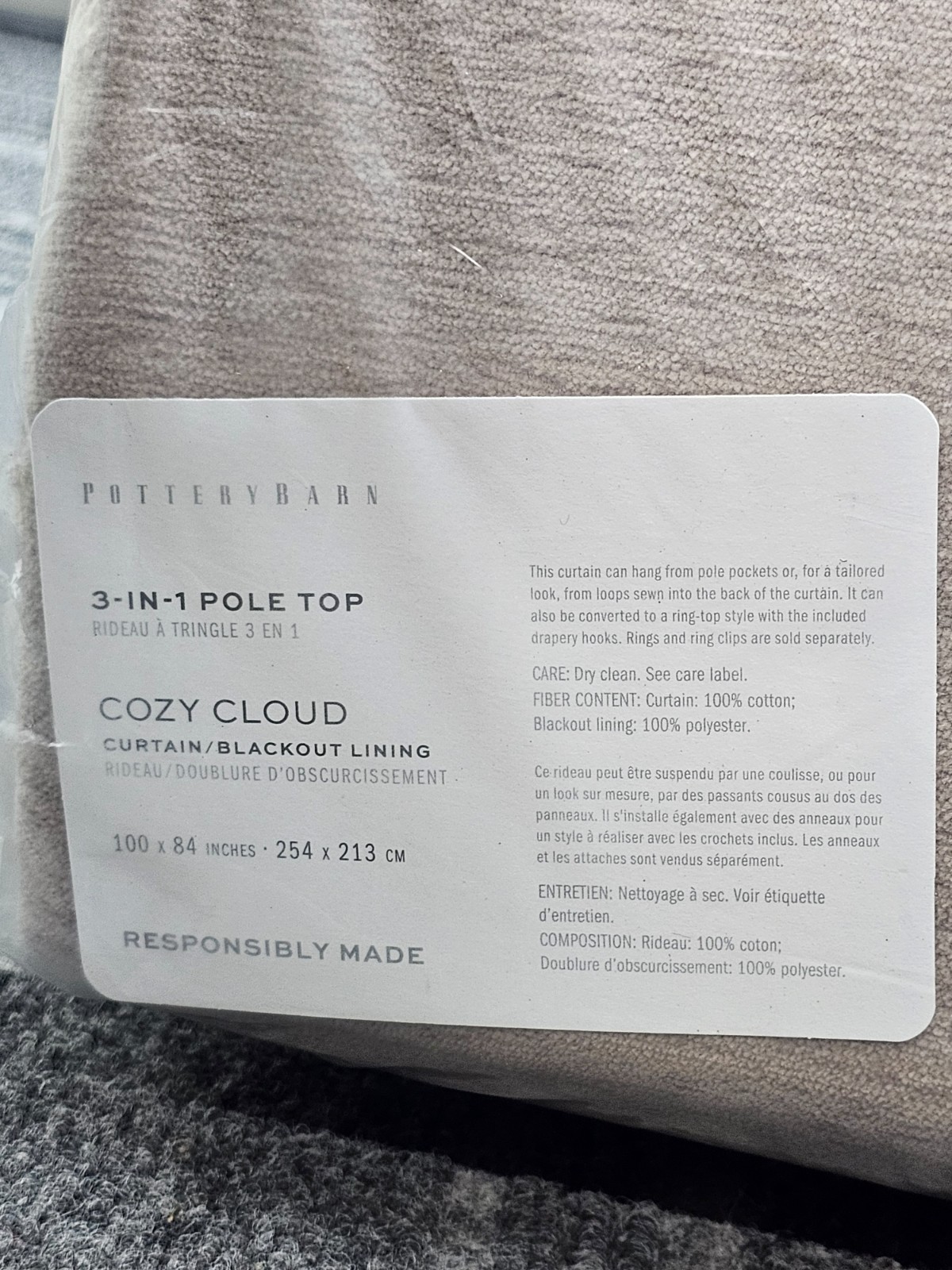 Pottery Barn 3-in-1 Pole Top Cozy Cloud Curtain 100″ W x 84″ L Blackout Lining