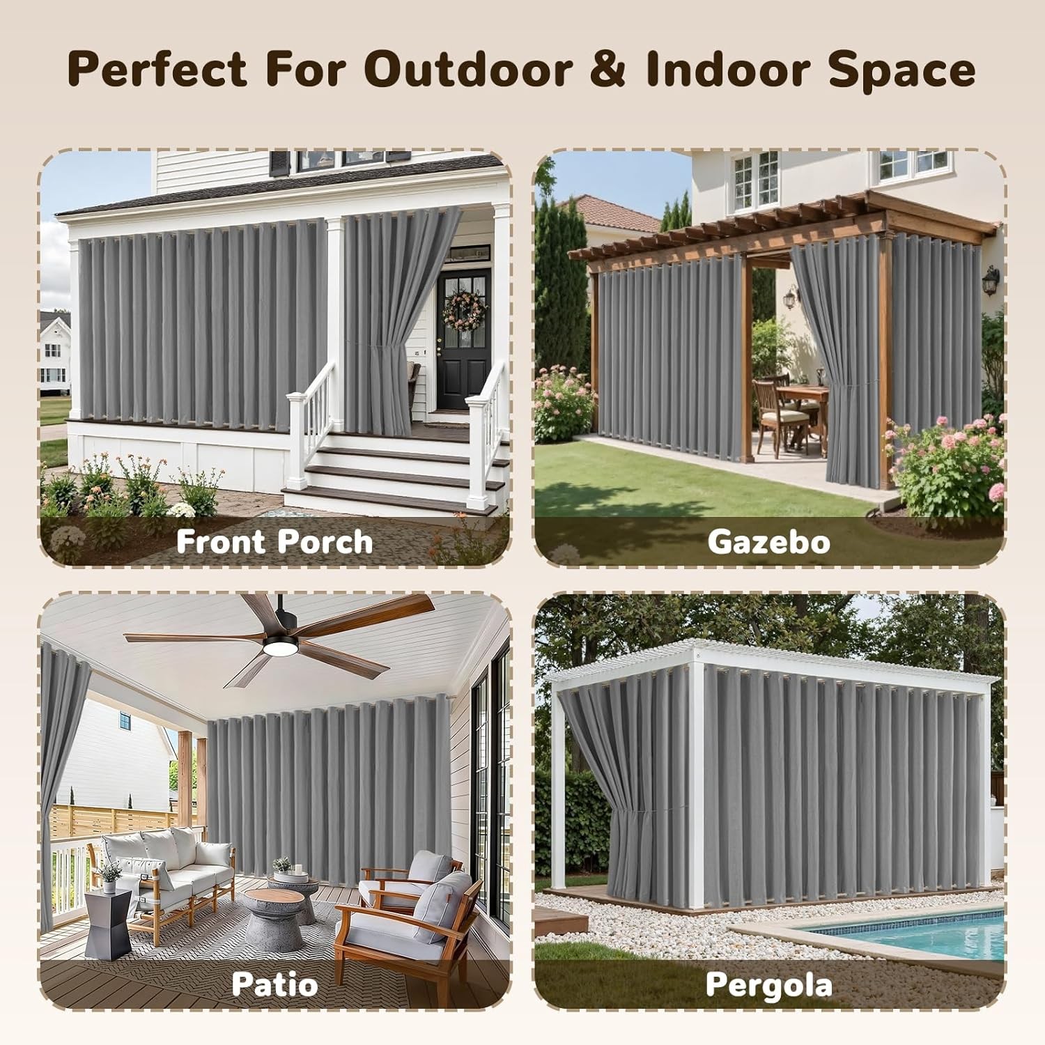 Waterproof Outdoor Linen Curtains with Zipper Windproof Privacy Drape for Gazebo