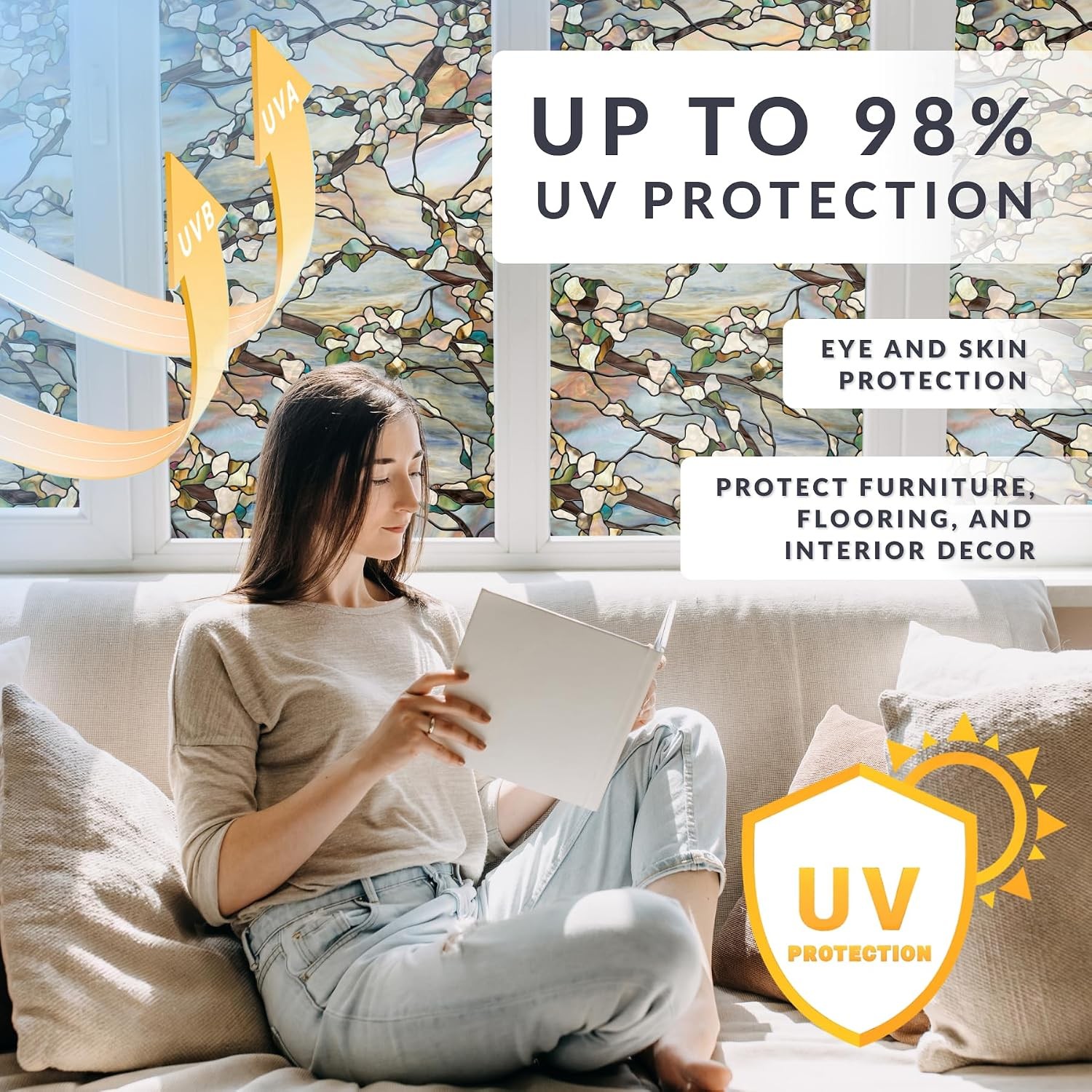 Sunset Privacy Window Film W/ Vibrant Colored Pattern Non-Adhesive & UV