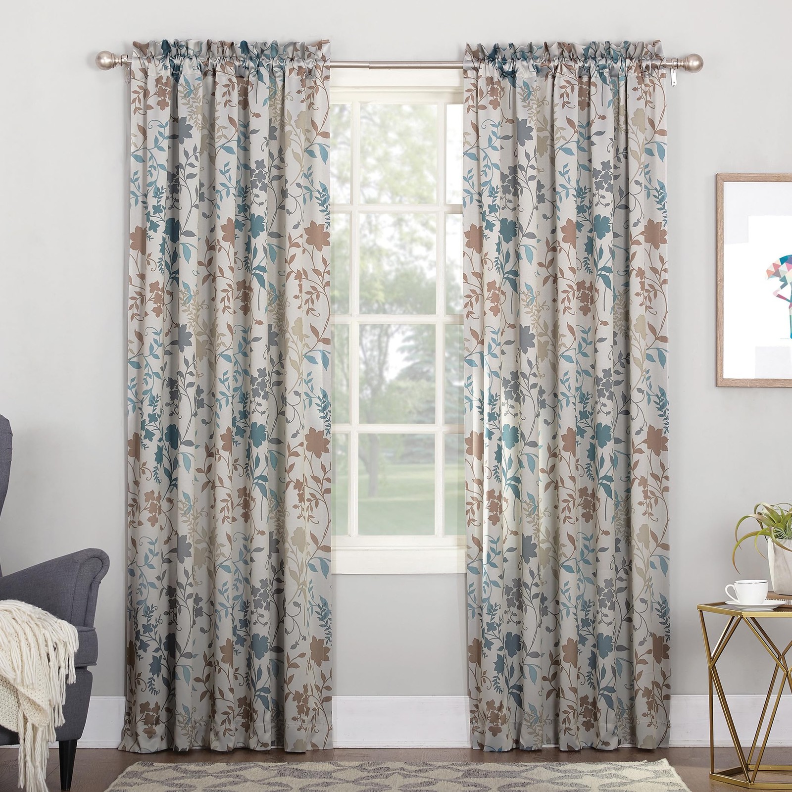 Kara Floral Print Energy Efficient Rod Pocket Curtain Panel, 54″ x 63″, Stone