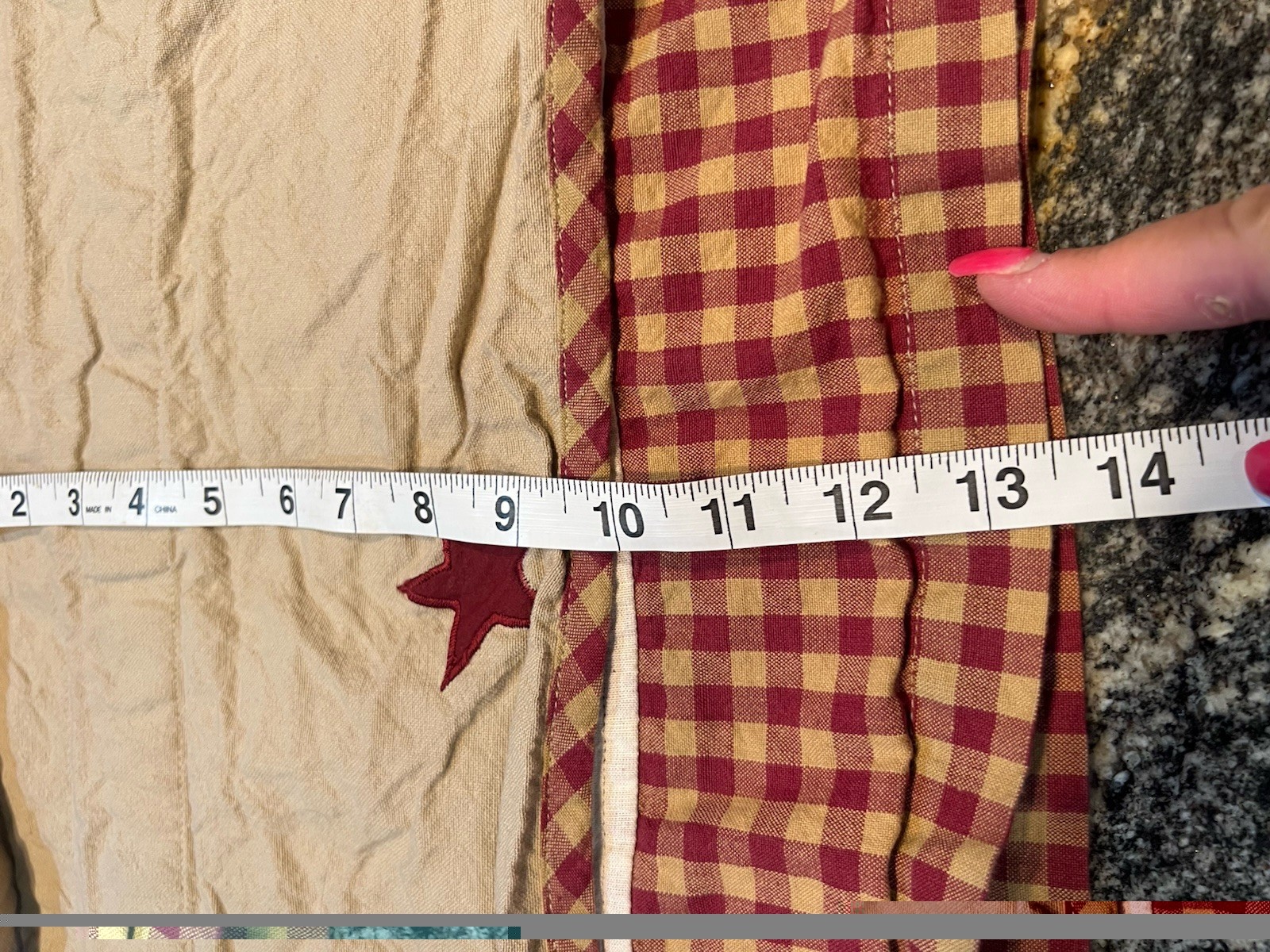 Primitive Country Red & Tan Gingham Checkered Star Pattern Valance 13.5 X 68”