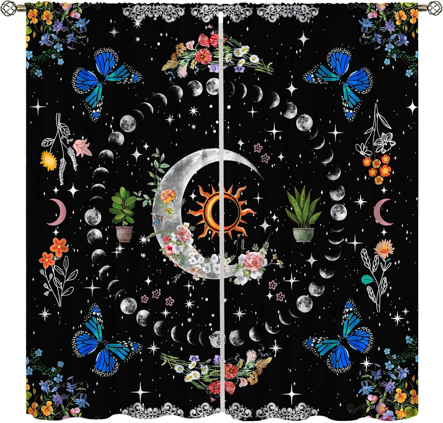 Moon Butterfly Curtains for Bedroom,Beautiful Night Sky Plant Flower Leaf Bohemi