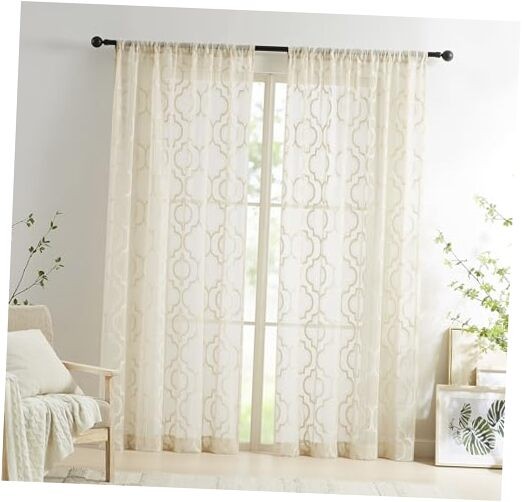 Geo Modern Lace Sheer Beige Window 52″W x 95″L (Pack of 2) Natural/Moroccan