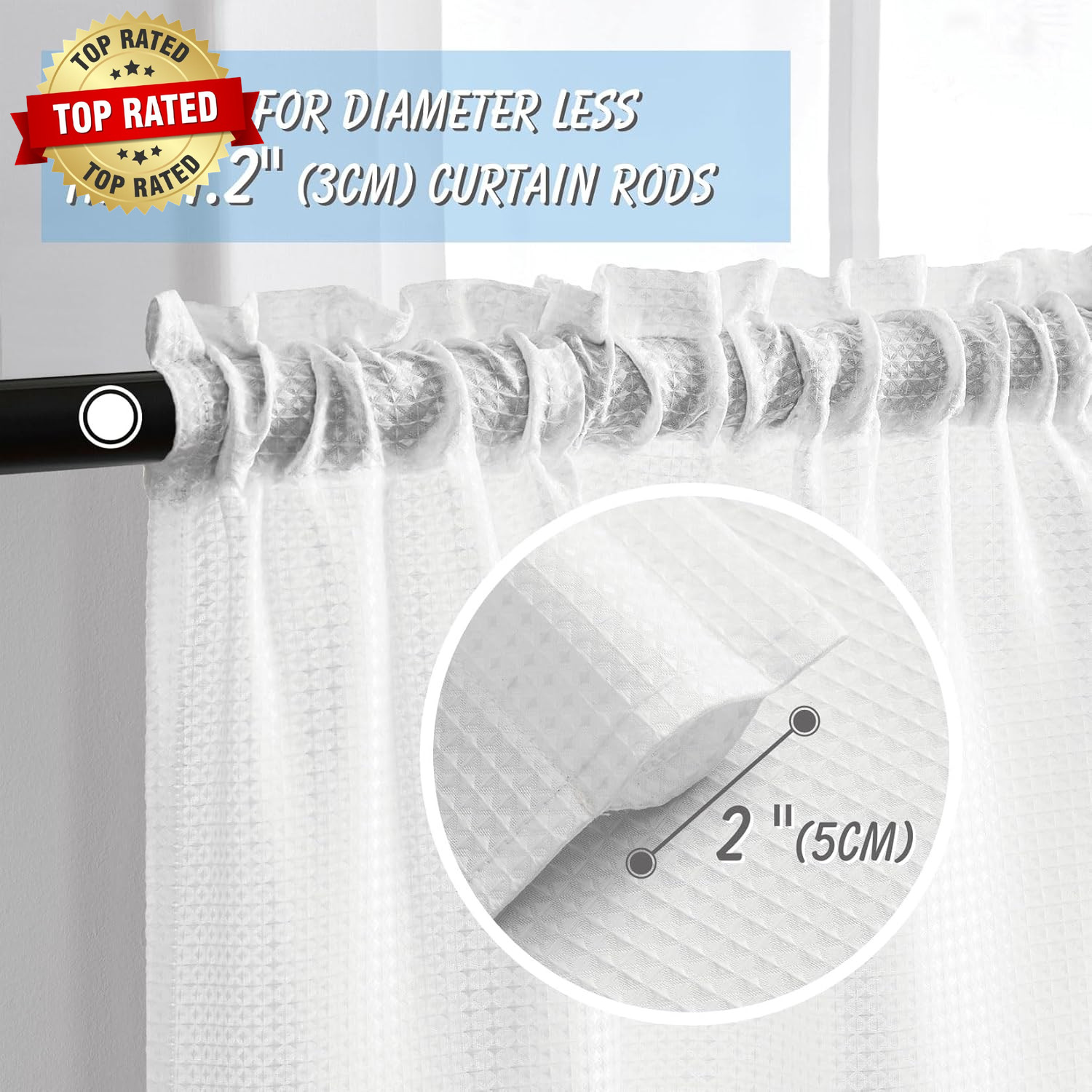White Waffle Bathroom Window Curtains, 24 W X 36 L Inch Each | Water Repellent,