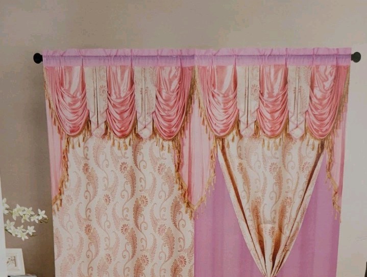 Luxurious Pink and Beige Jacquard Panels With attached valance. 2 Pieces 53″×90″