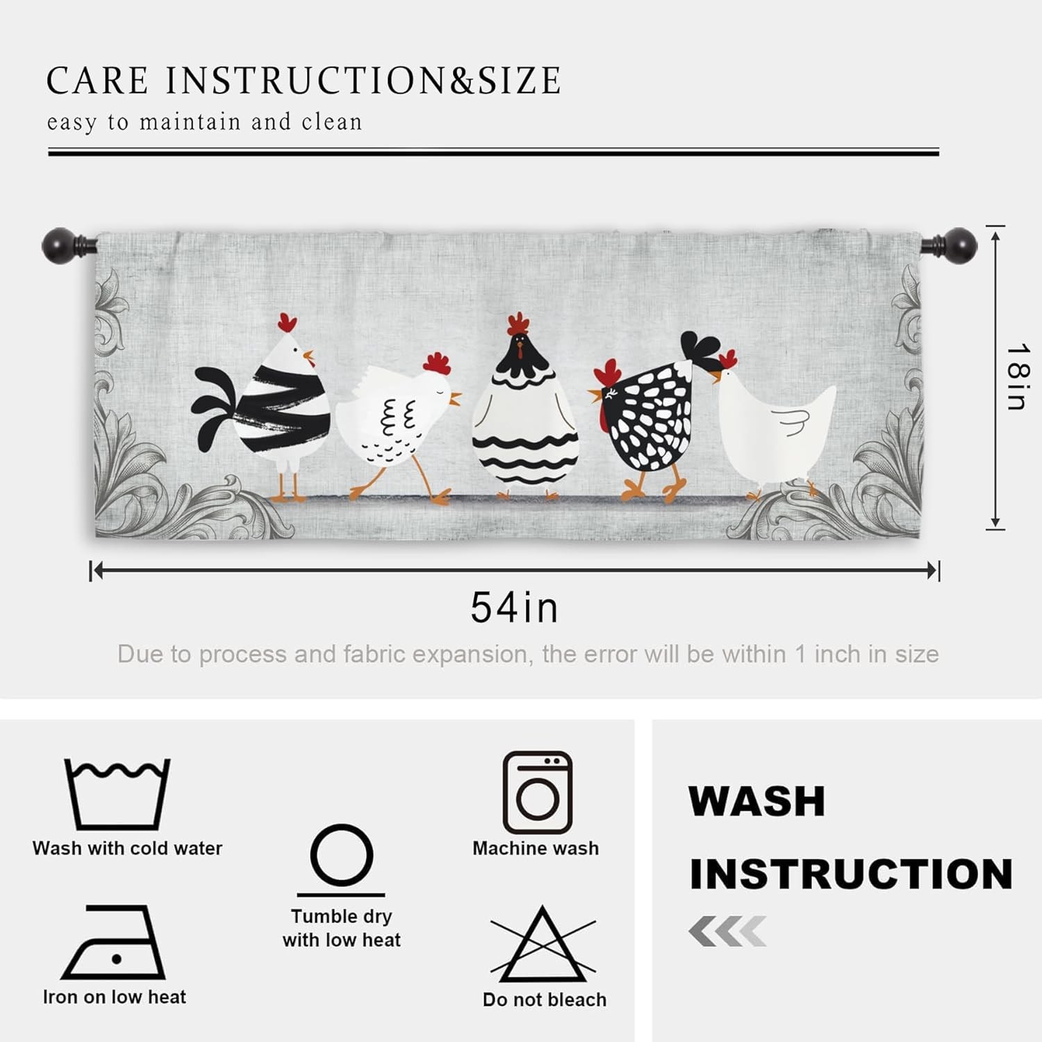 Farmhouse Kitchen Curtain Valance Fabric 54×18 Rooster Vintage Rustic Decor