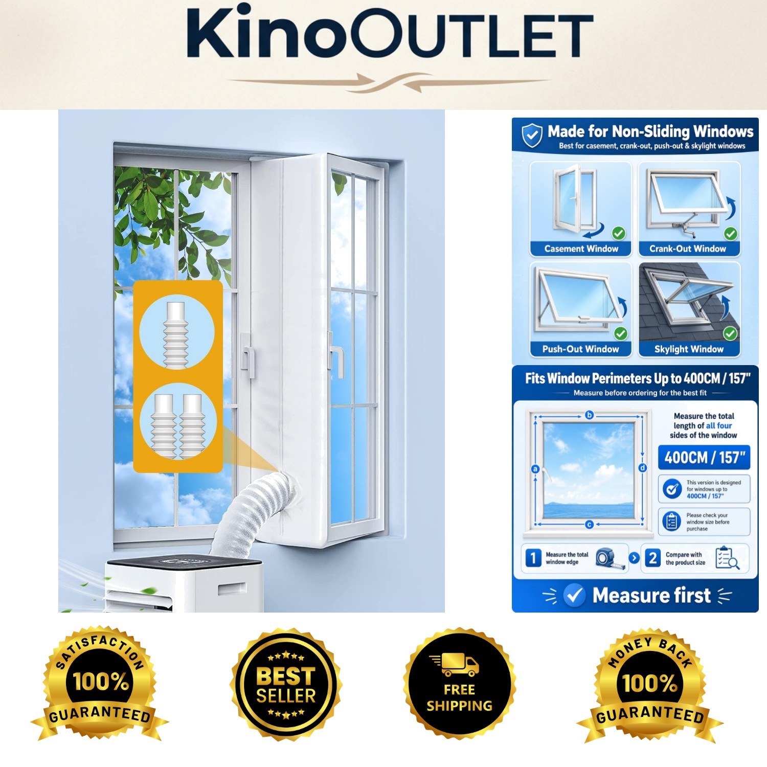 No-Drill 400CM Window Seal Kit with Adjustable Zipper for Dual Hose ACs