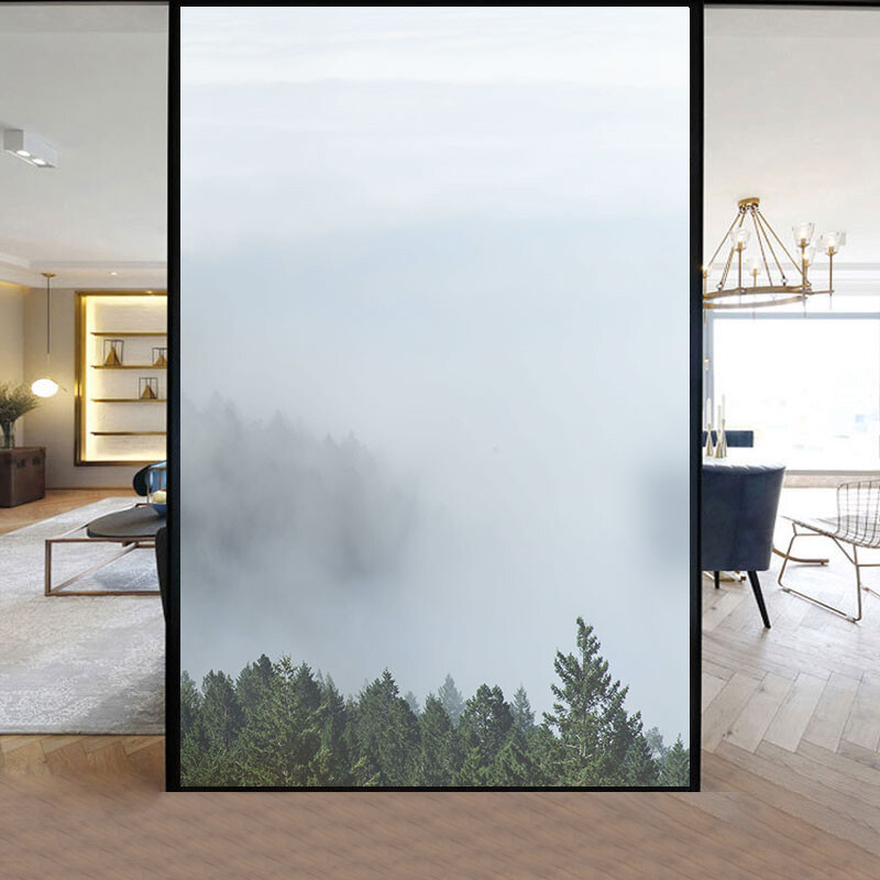 Home Window Film Static Cling Stained Forest Scenery 3D Frosted Decor US