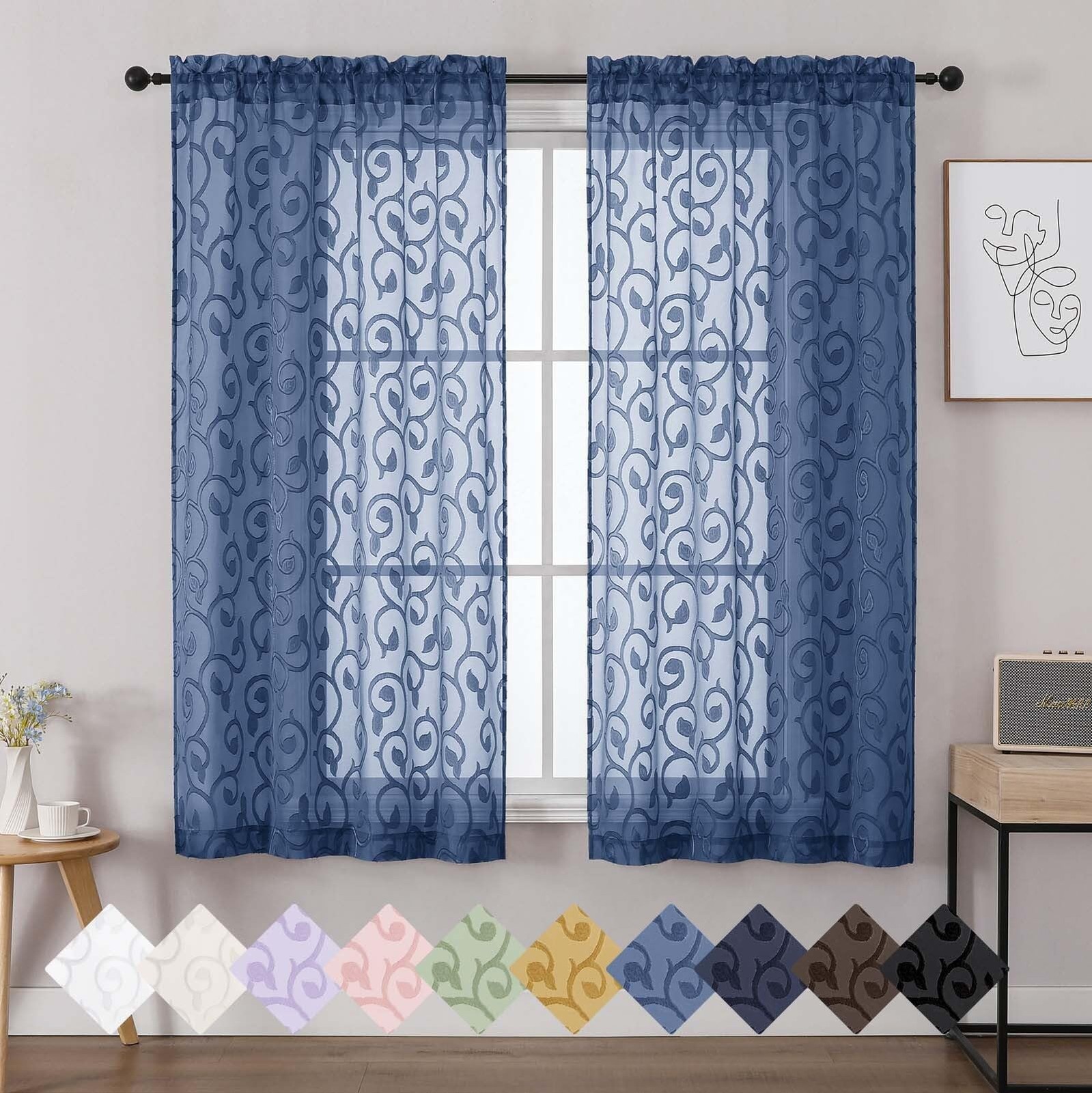 WelvetBLK Sheer Dusty Blue Curtains for 42″W x 63″L (Pack of 2),