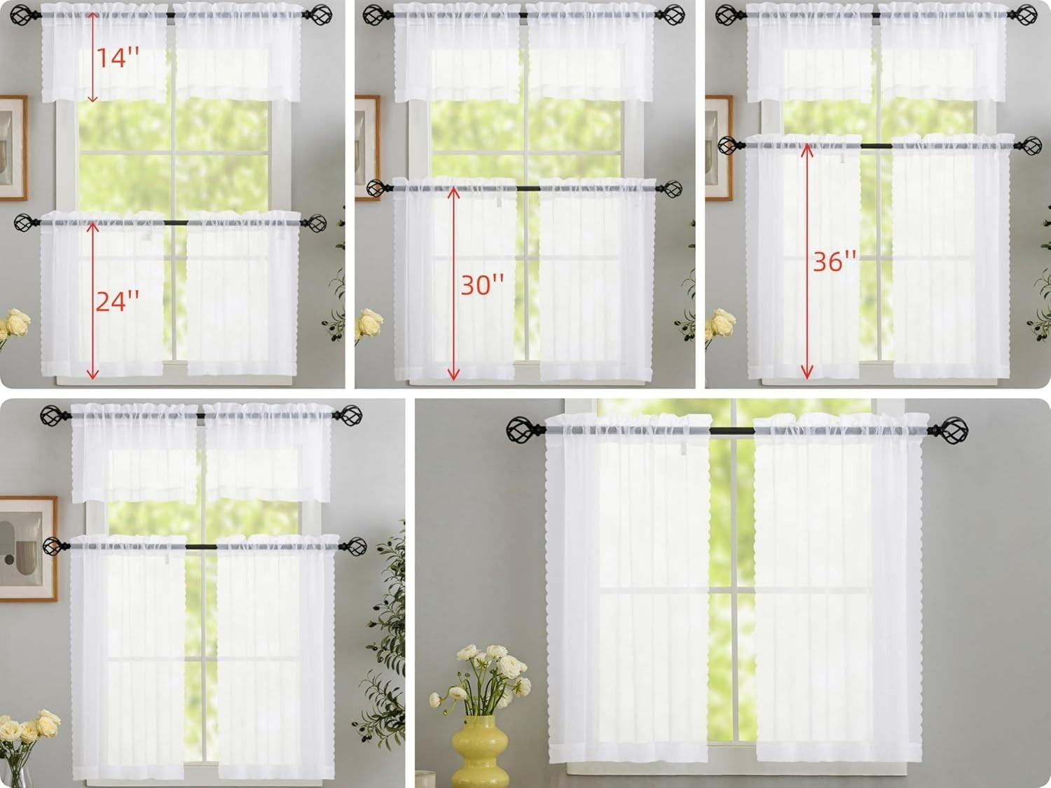 White Sheer Kitchen Curtains 36 inch Length 2 Panels, Light Filtering Voile R…