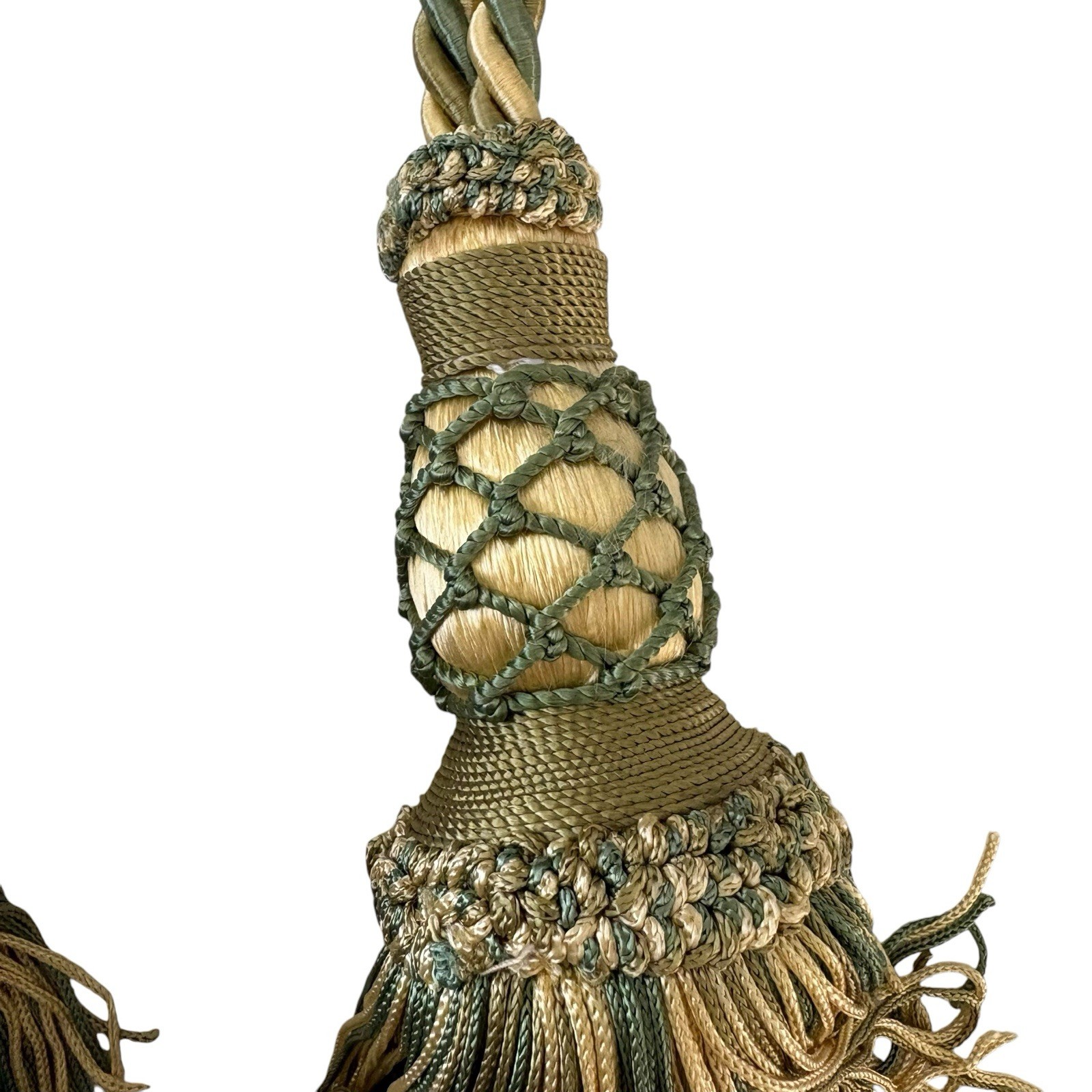 2 Decopro Drapery Curtain Tiebacks Green & Gold Woven Braided Knot Tassels
