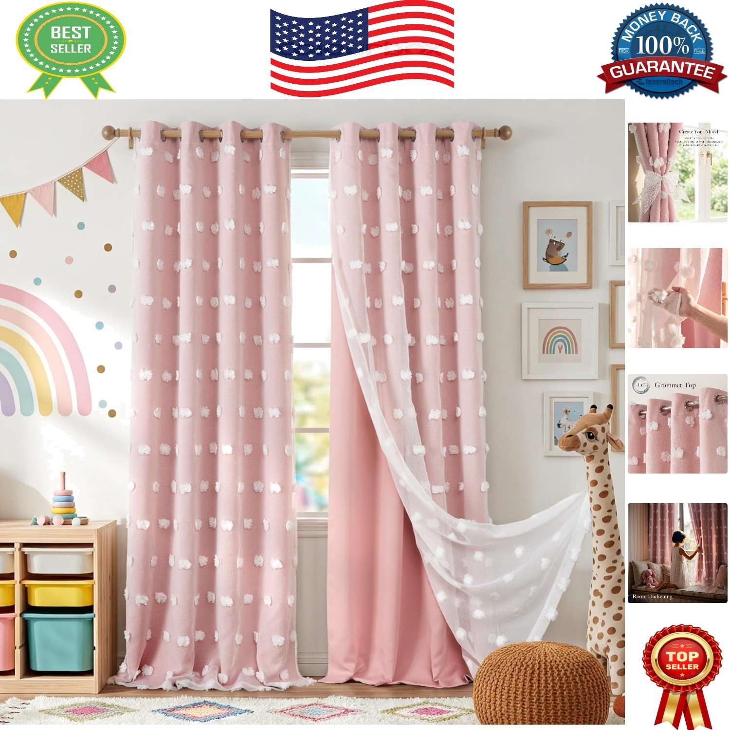 Dreamy Sheer Tulle Pink Pom Pom Curtains for Baby Nursery – 84” L x 52” W Panels