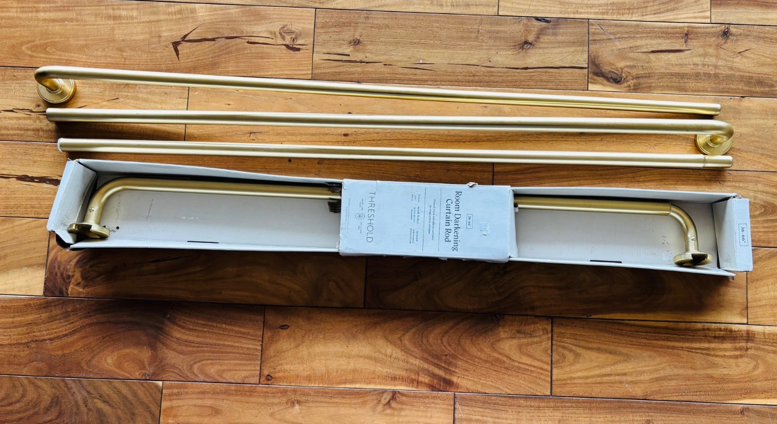 Two Sets! Blackout Rounded Curtain Rod Brass – Threshold – 66″-120” & 36″-66″