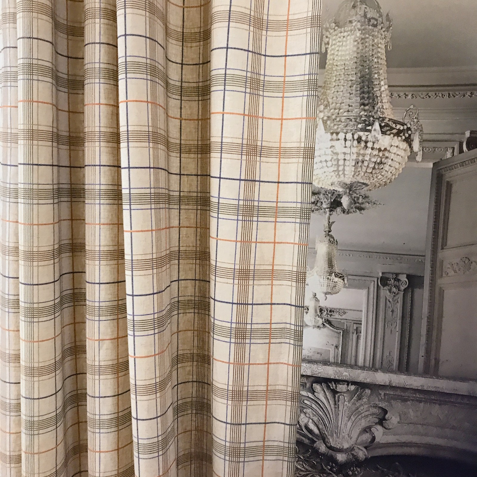 Handmade Linen Blend Windowpane Check Curtains Custom Beige Window Drapery Panel