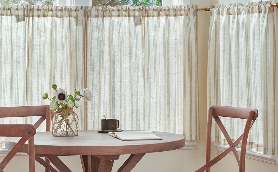 Striped Linen Kitchen Curtains 24 Inch Cafe Tier Curtains Balanced Stripe