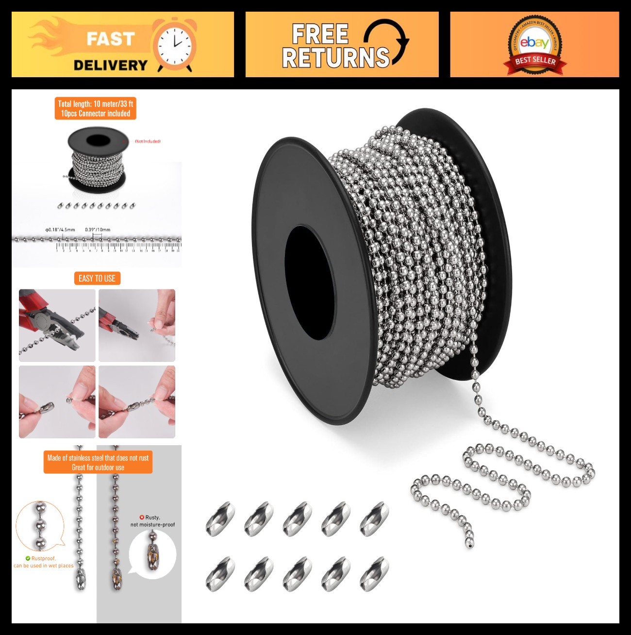 32ft 304 Stainless Steel Ball Chain for Blinds & Shades + 10 Connectors, DIY Fix