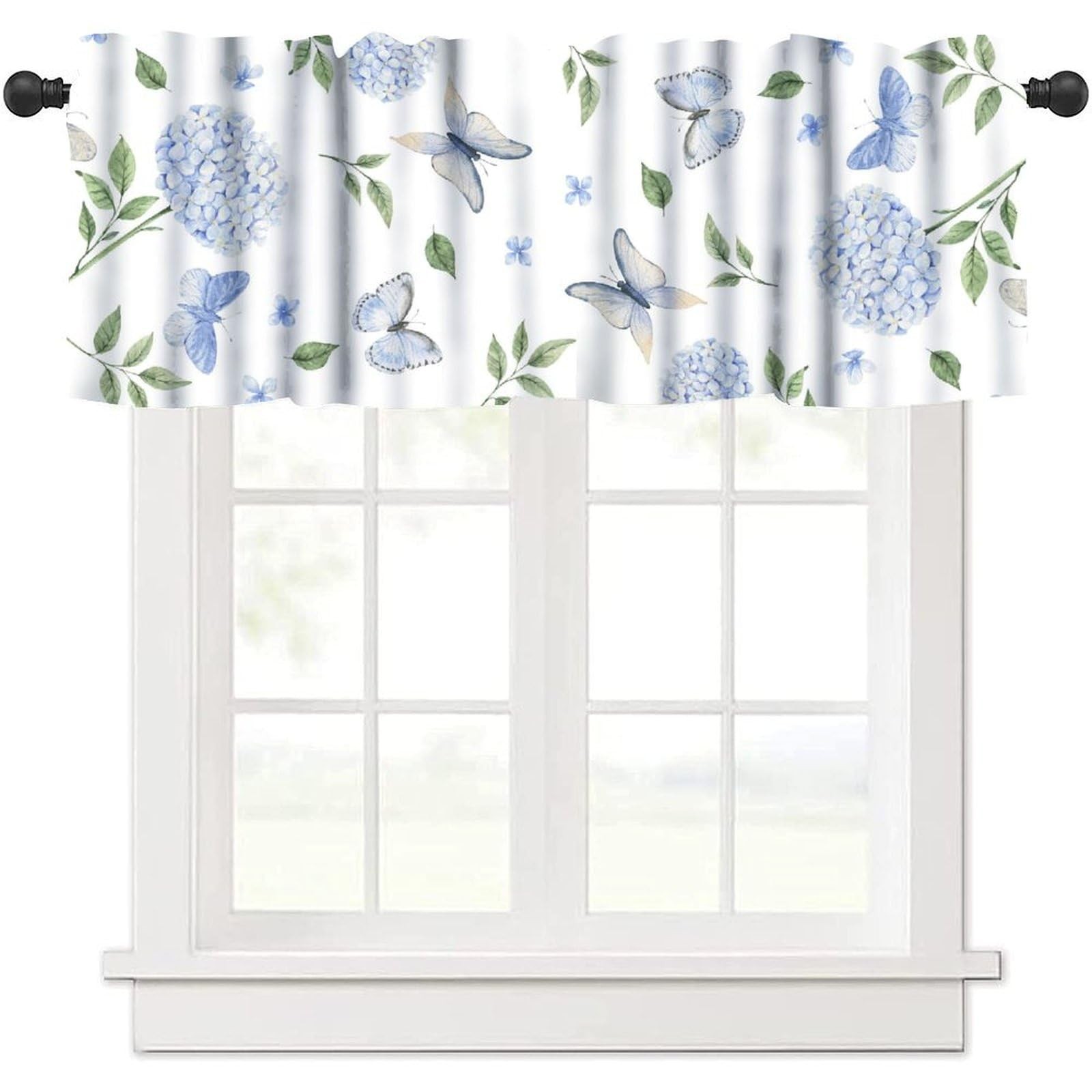 Spring Hydrangea Valance Curtain, Rustic Summer Blue Moth Butterfly Flowers G…