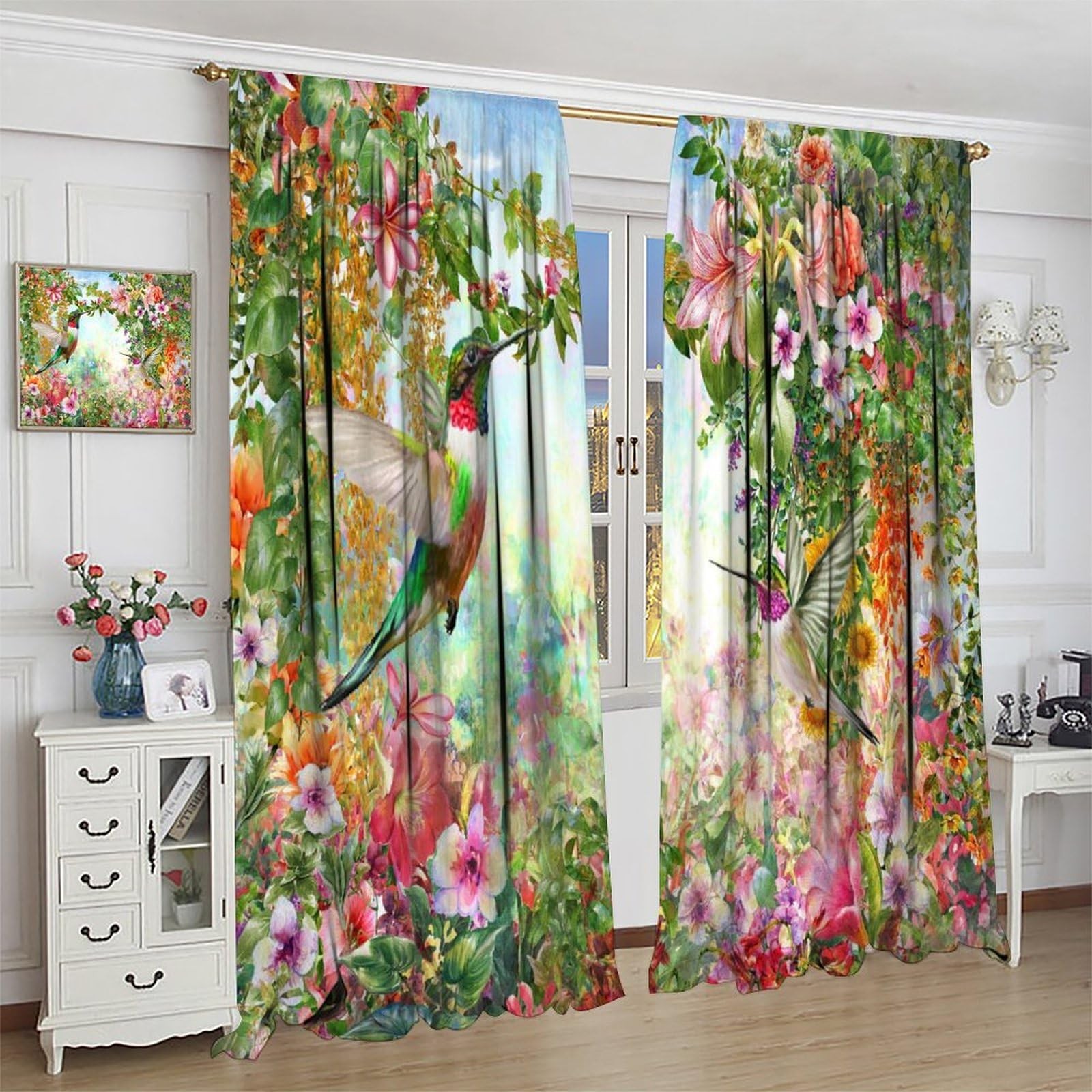 Hummingbird Spring Floral Curtains,Watercolor Pink Flower Plant Butterfly Hum…