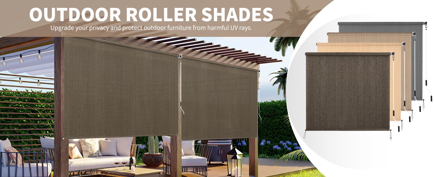 Outdoor Roller Shade 4′ W x 6′ L Cordless Patio Shades Roll Up Outdoors Blinds