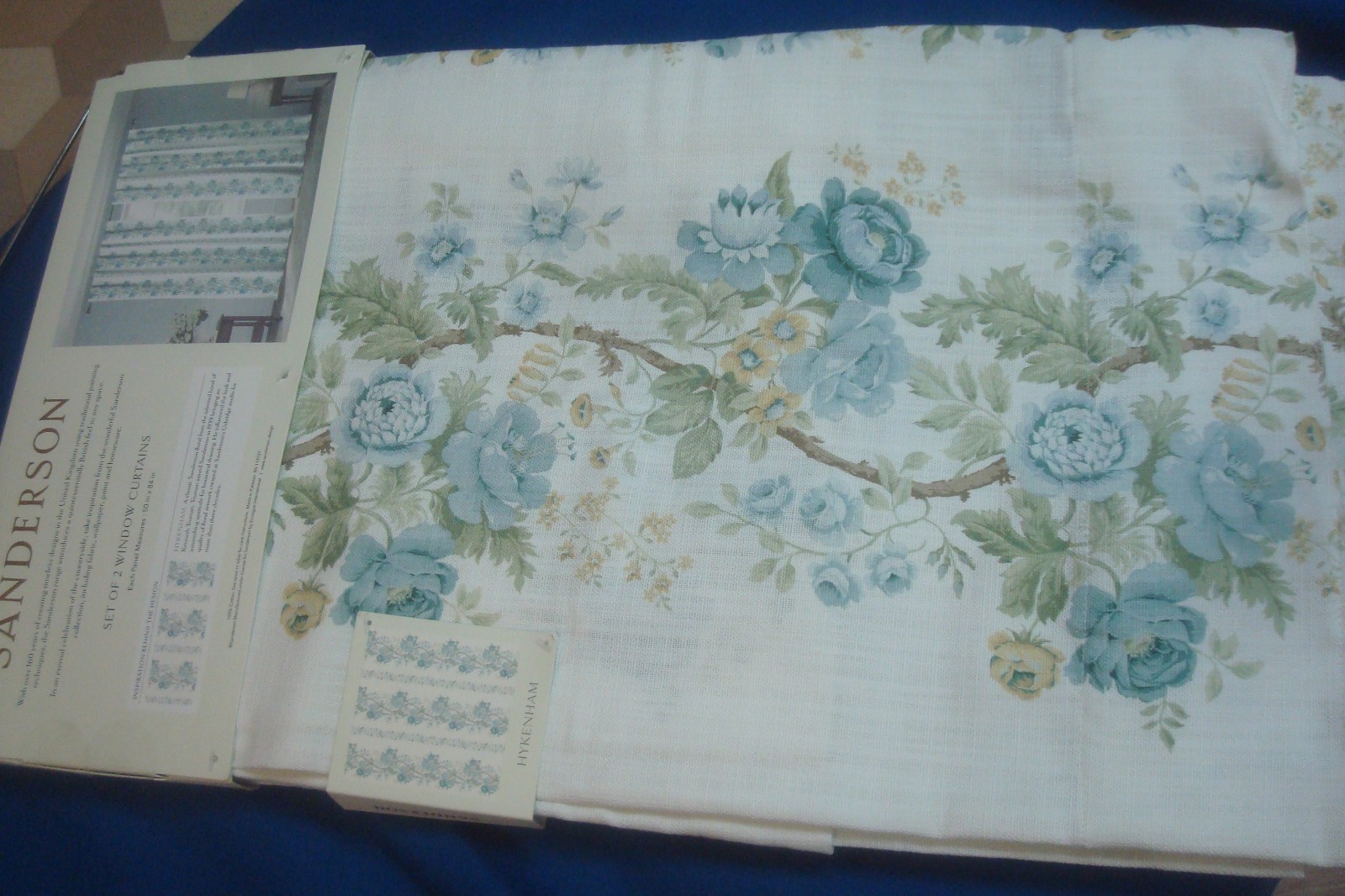 NWT Sanderson 2 pc Window Curtain Panels Hykenham Floral Aqua Blue Cotton 84″ lg