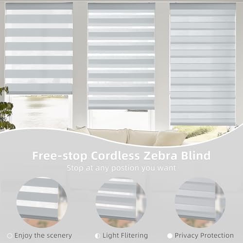 Cordless Zebra Blinds for Windows, Dual Layer Free-Stop 32″W x 72″H Light Grey