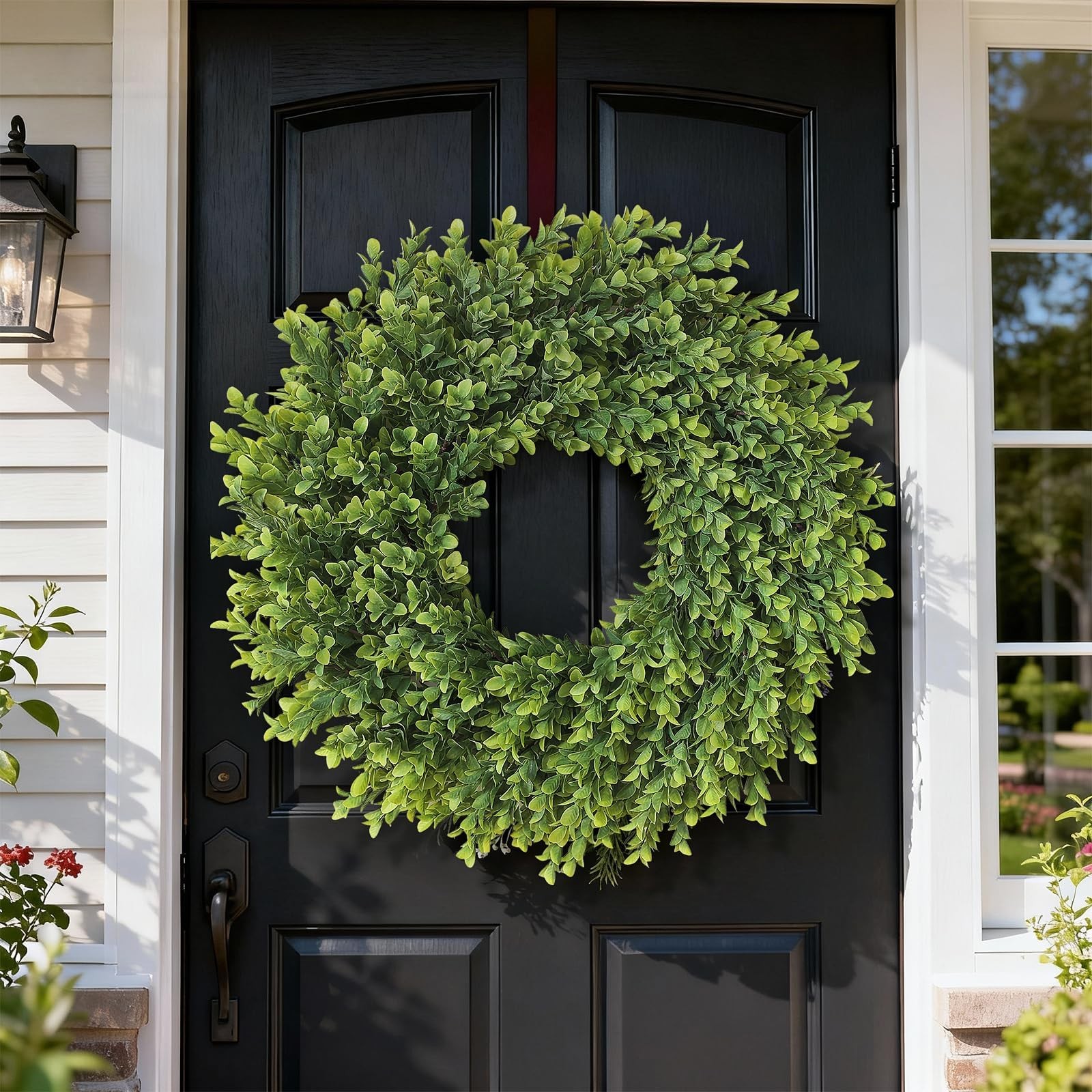 26″ Artificial Boxwood Wreath for Front Door – Large Faux Plant Fake Greenery…