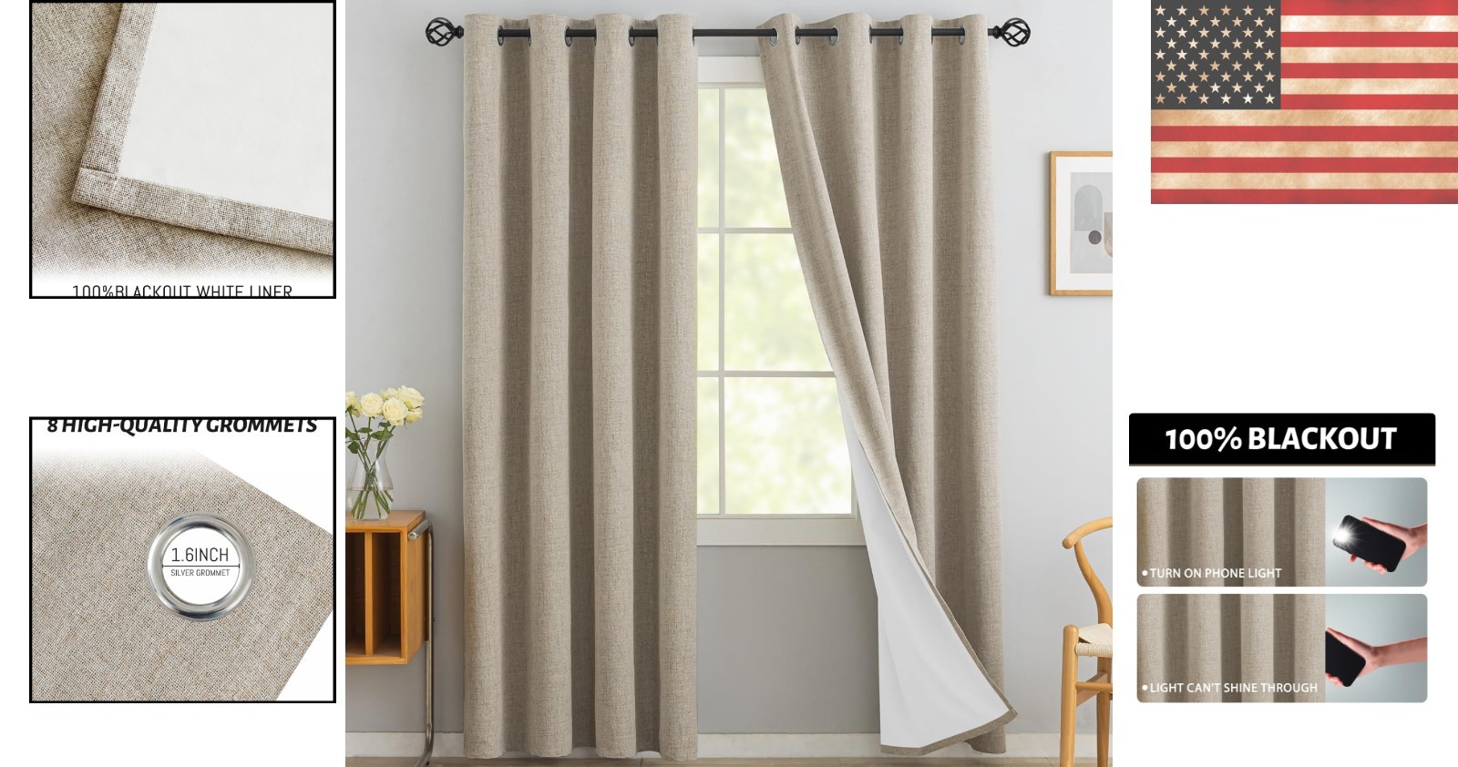 Natural Linen Thermal Blackout Curtains – 2 Panels, 84″ Long for Living Room