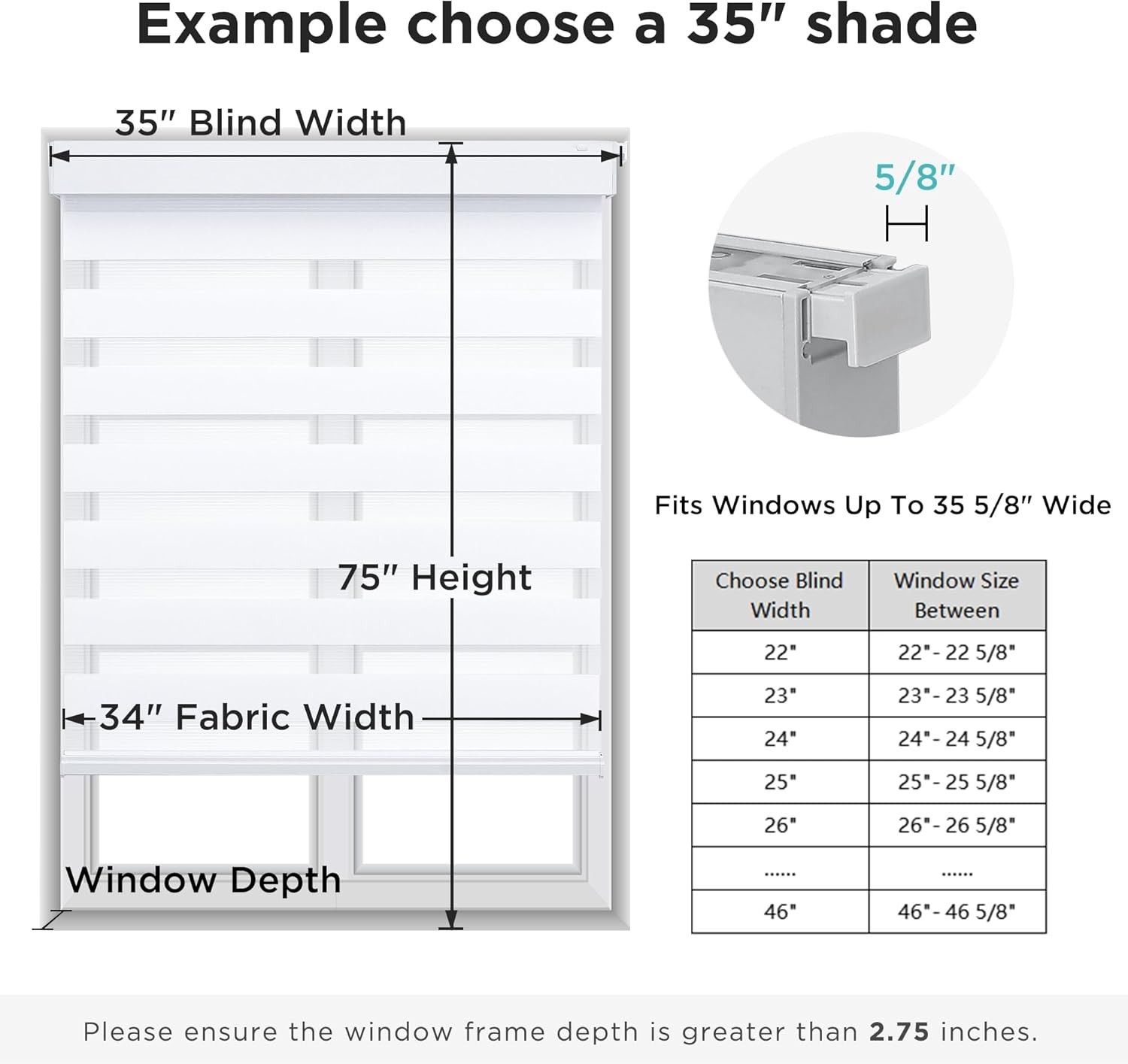 Joydeco No Drill Zebra Blinds for Windows White, 34″ W x 75″ H