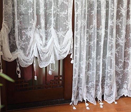 Lace Balloon Curtain White Adjustable Tie-Up Curtain Shade, Embroidered Semi