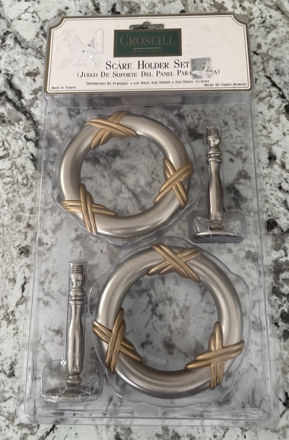 RARE 2 Pack NOS Croscill Home Pewter Roman Ring Steel Gold Holdback Scarf Holder
