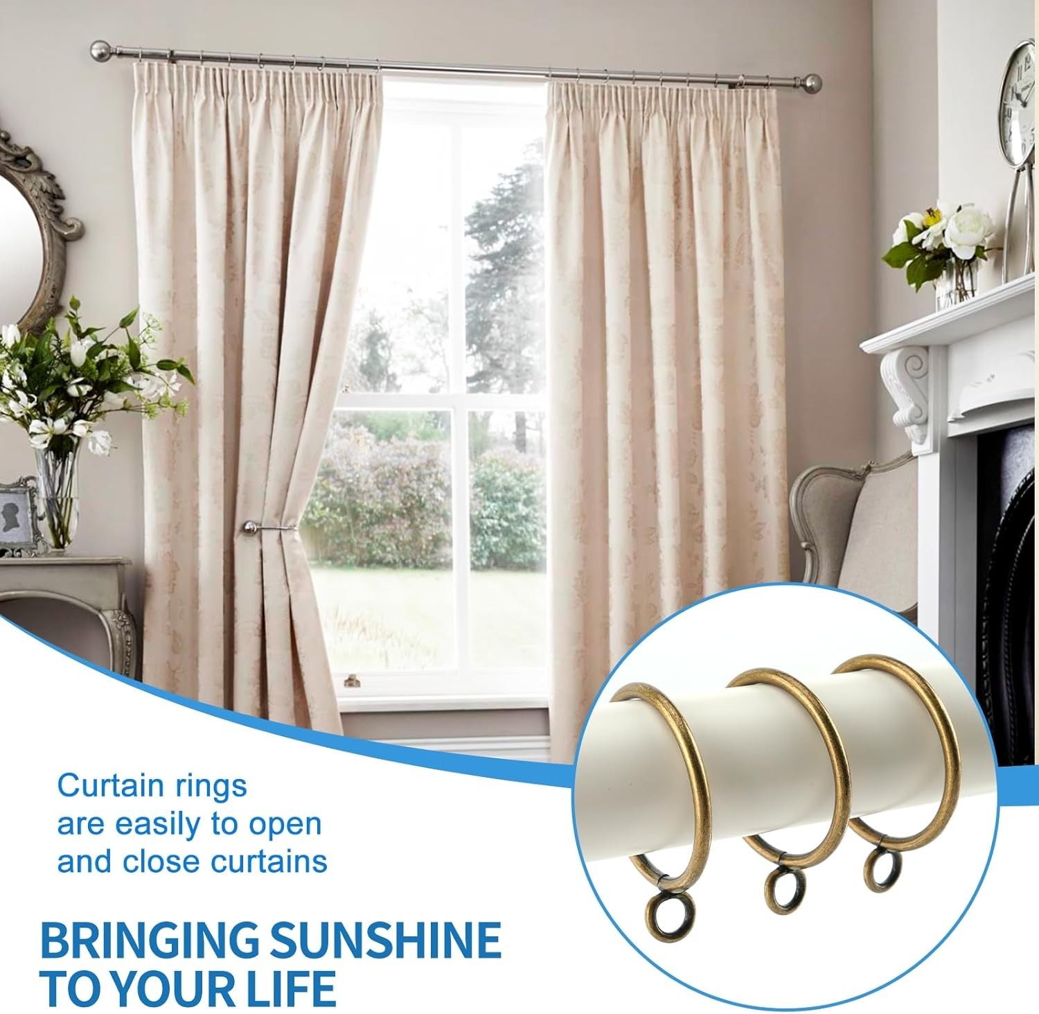 44 Pack Heavy-Duty Curtain Rings – Metal Drapery Rings in Glossy Antique Bronze