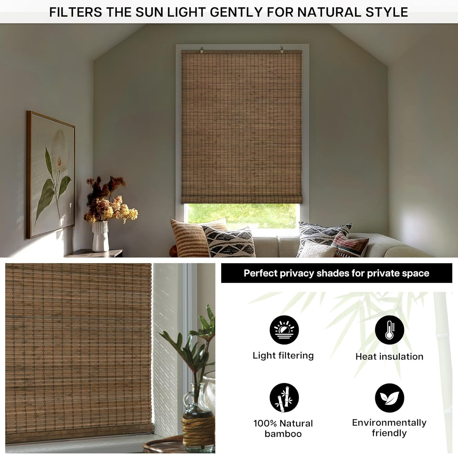 Cordless Bamboo Roll-Up Blinds for Indoor/Outdoor, 35″ W x 64″ H, Highfield Teak