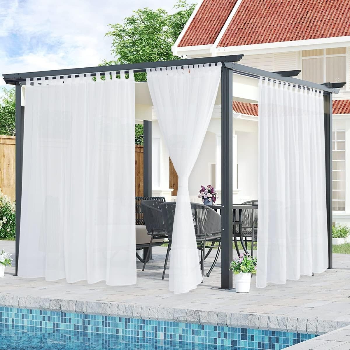 White Outdoor Waterproof Sheer Tab Top Patio Curtains 54″W x 84″L Pure White