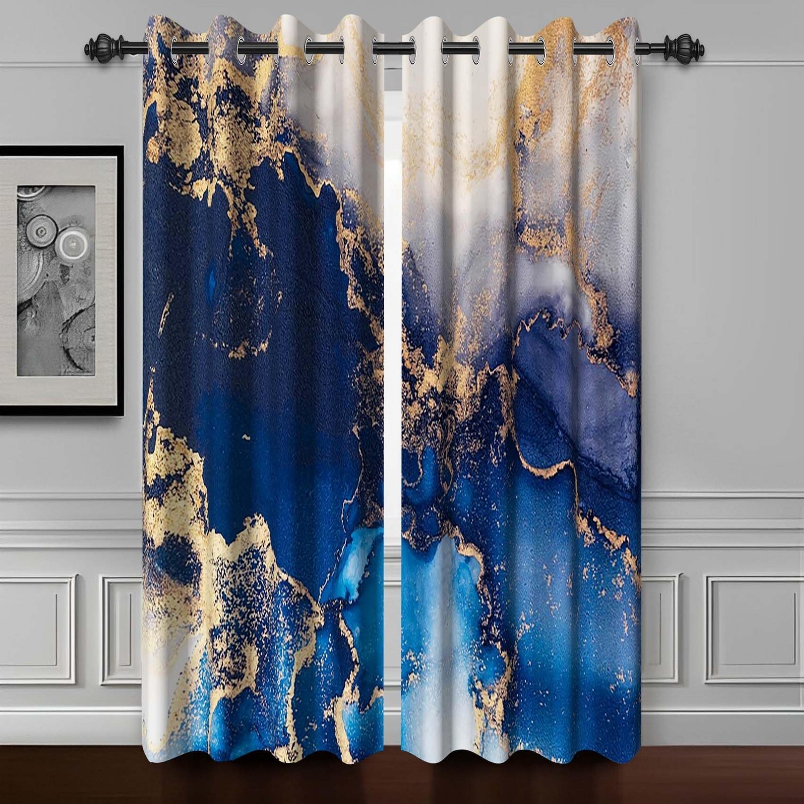 Baocicco Blue And Gold Marble Window Curtains Gold Texture Print Blackout