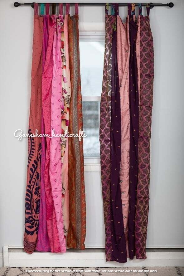 2 Pc Indian Sari Patchwork Curtain Drape Window Decor Pink Silk Sari Curtain