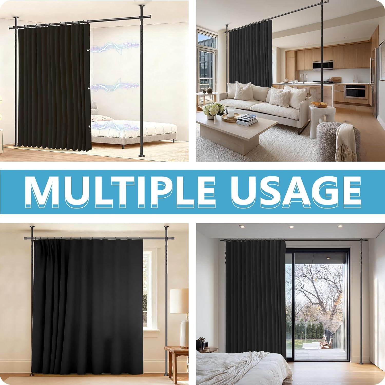 No Drill Room Divider Curtain Set Adjustable Tension Rod Black Privacy Curtain