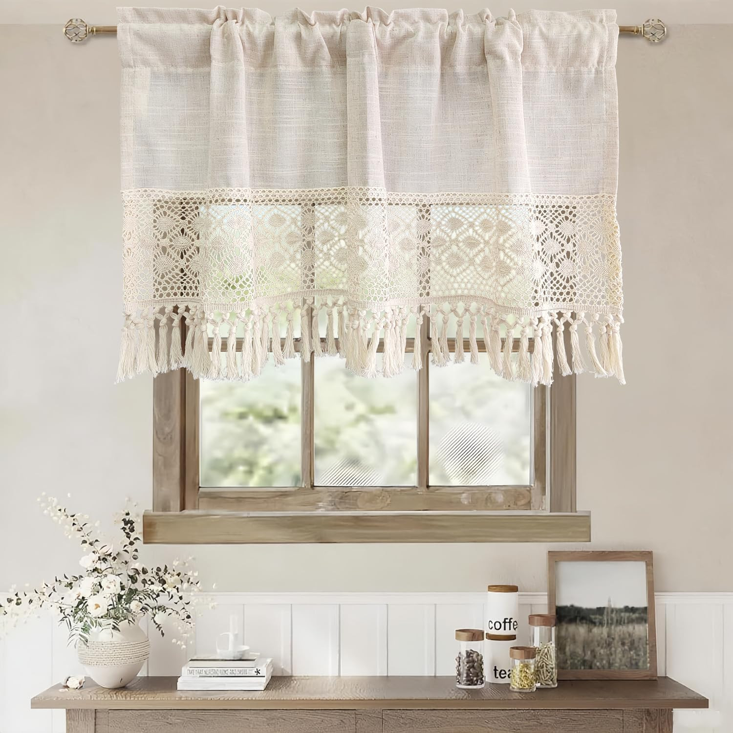 Boho Linen Curtain Valance for Kitchen Vintage Sheer Valance with Crochet Lace T