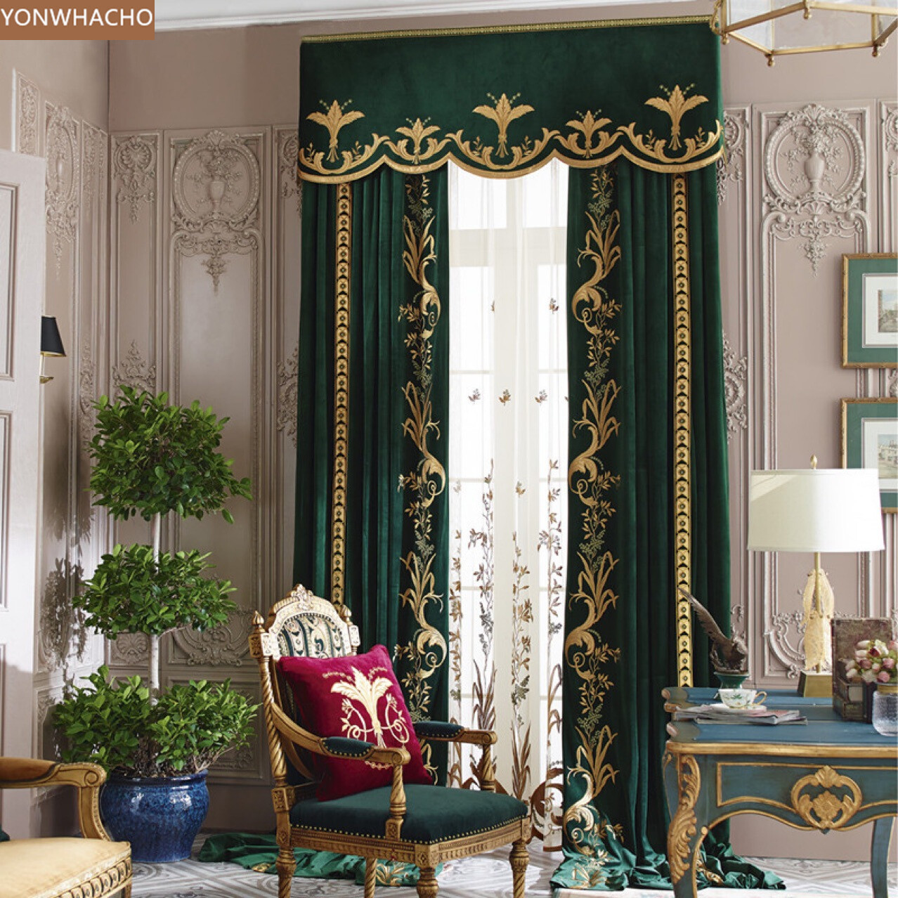 luxury villa embroidered green thick velvet cloth blackout curtain valance B640*