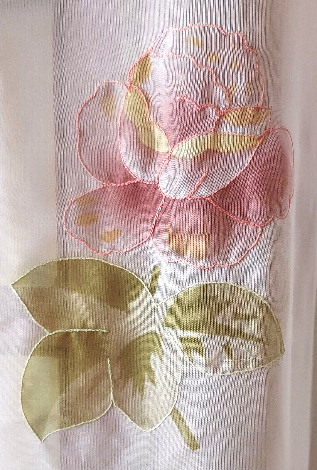 2 Pc Embroidered Sheer Curtain, attached Valance Rod pocket White,Pink flowers