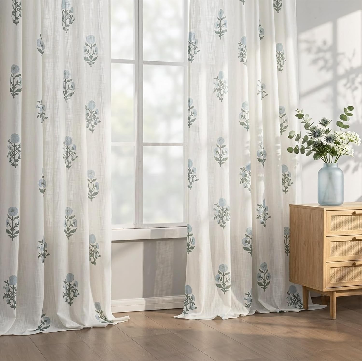 Pinch Pleated Floral Curtains 63 Inch – Vintage Beige White Pattern Set of 2