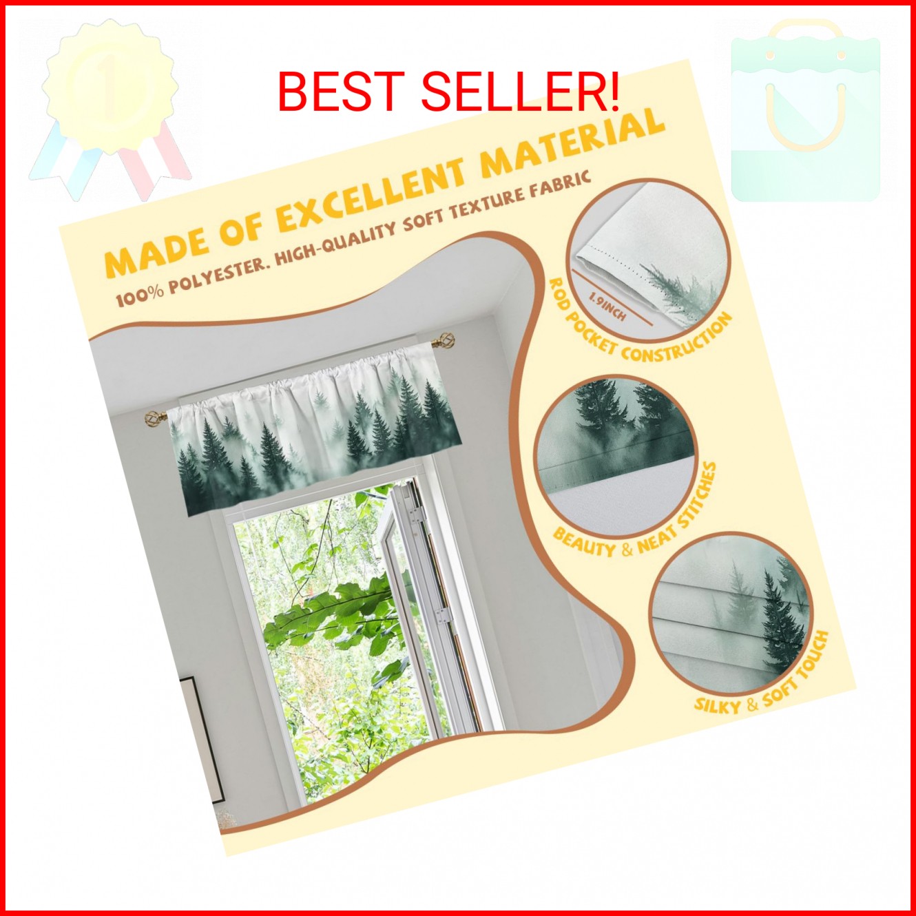 Wssklovj Forest Valance Curtain for Windows 2 Pack Misty Green Pine Nature Tree