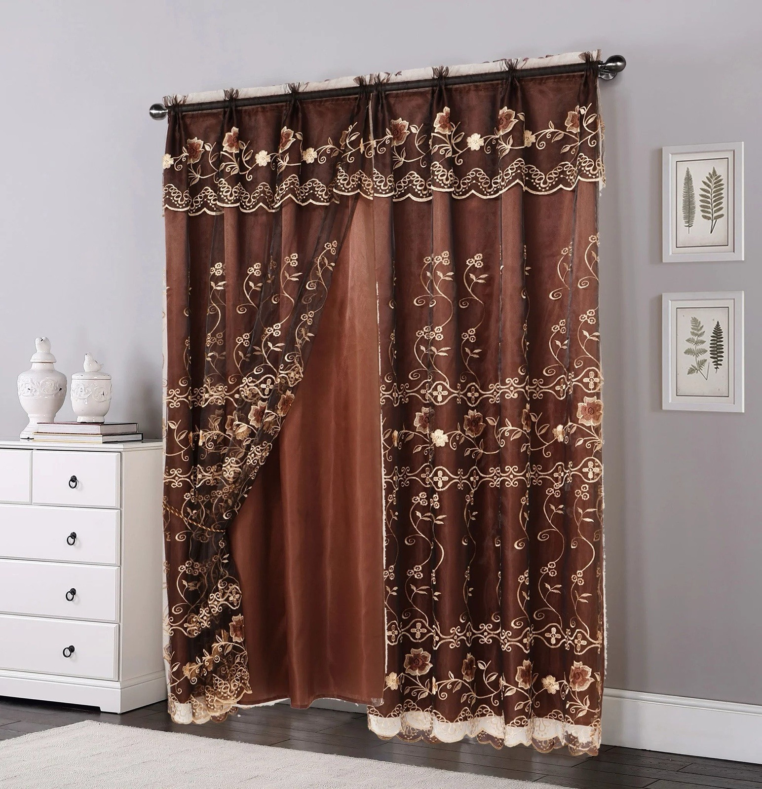 Embroidery Voile Sheer Curtains Perfect For home decor (Brown) 54 by 84 Inches