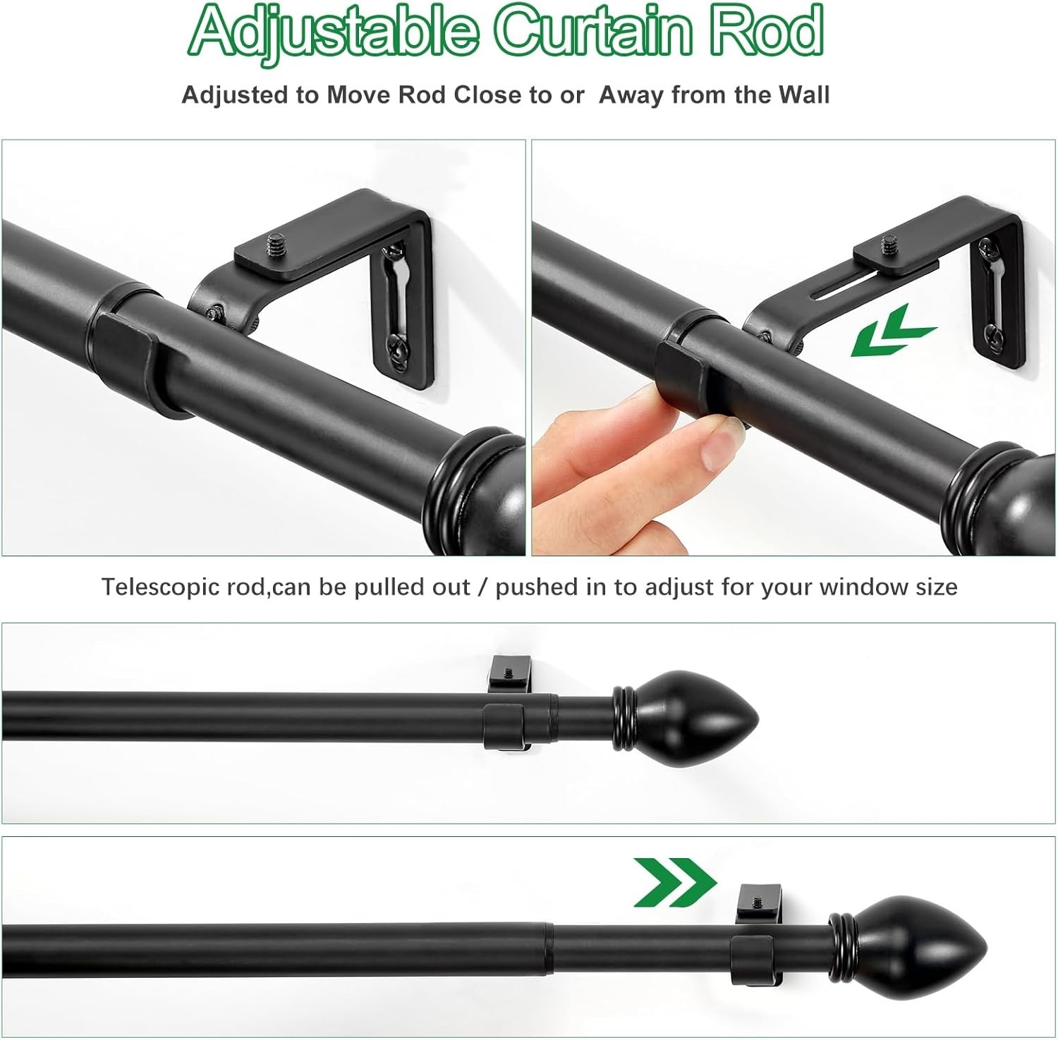 LLPJS Curtain Rods for Windows 16 to 136 inches, Black-with Modern Knobs