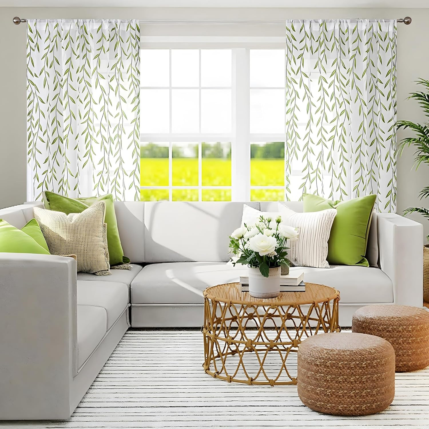 Short Sheer Curtains 2 Panel Set,Green Print Curtains Sheer Leaf Pattern White S