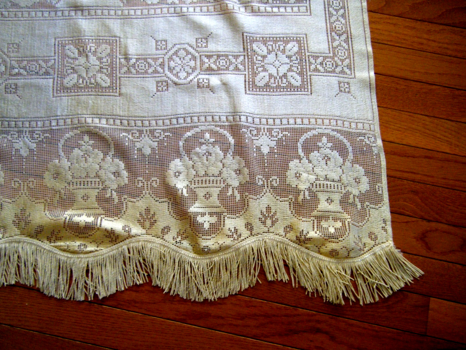 Antique 19c curtain panel darnet silk filet net cherubs flower garland fringes