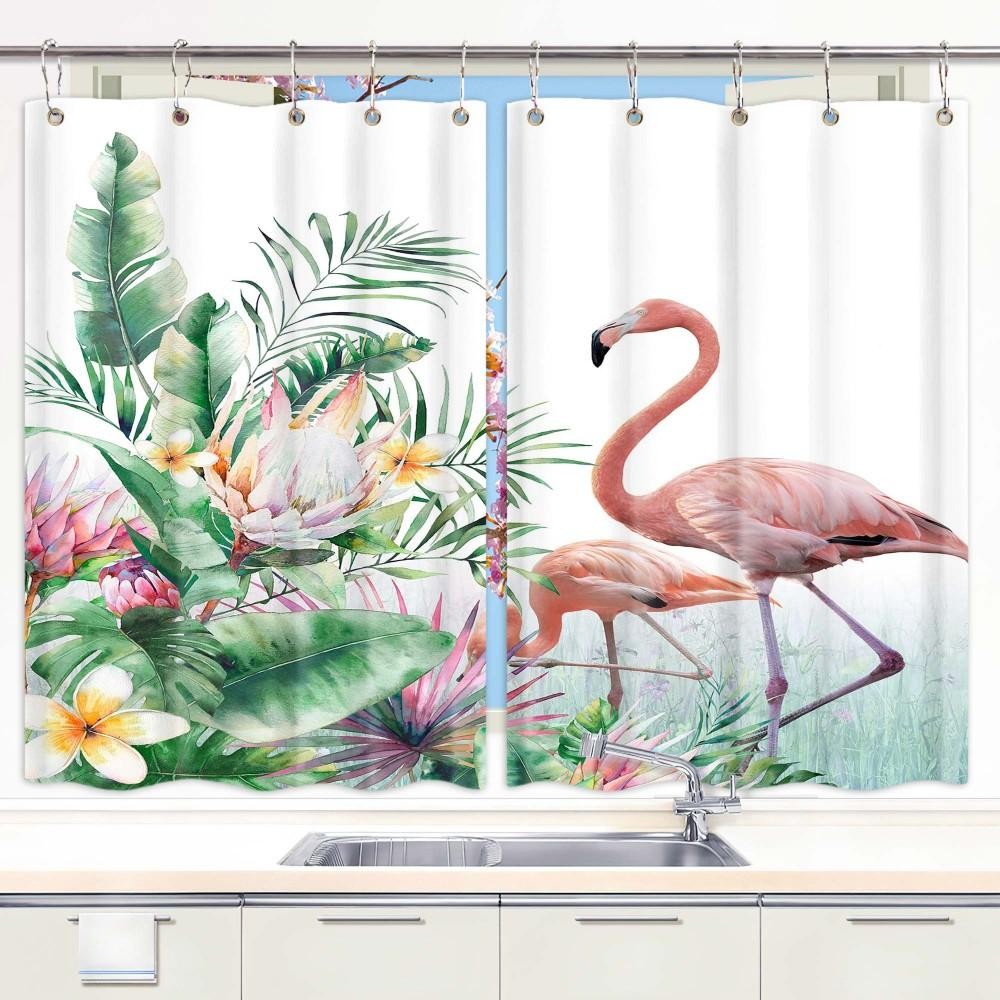 Tropical Leaf Flower Flamingo Kitchen Curtains Window Drapes 2 Panel Set W Hooks