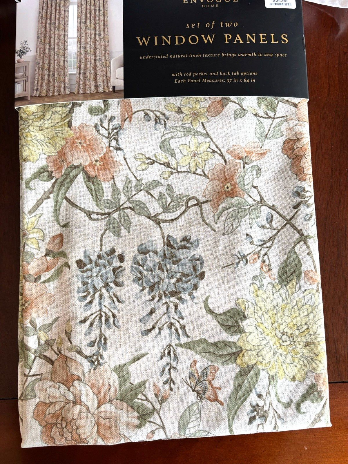 ENVOGUE Window Curtains 2 Panels Beige 37” x 84” Flowers Birds Floral New
